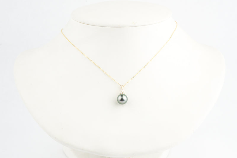Light Blue Green Tahitian Pearl & Diamond Toru Necklace on 14K Yellow Gold