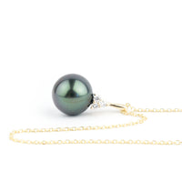 Lavender Green Tahitian Pearl & Diamond Toru Necklace on 14K Yellow Gold