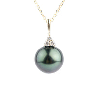 Lavender Green Tahitian Pearl & Diamond Toru Necklace on 14K Yellow Gold
