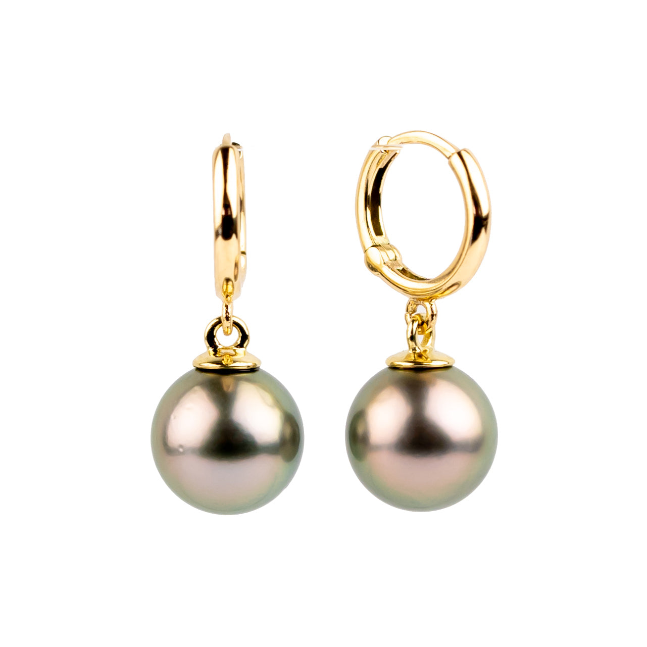 Golden Pink Green Tahitian Pearl Huggie Hoop Earrings