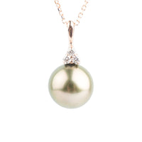 Golden Pink Green Tahitian Pearl & Diamond Toru Necklace on 14K Rose Gold