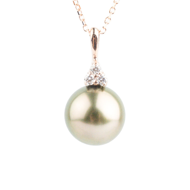 Golden Pink Green Tahitian Pearl & Diamond Toru Necklace on 14K Rose Gold