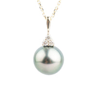 Light Blue Green Tahitian Pearl & Diamond Toru Necklace on 14K Yellow Gold