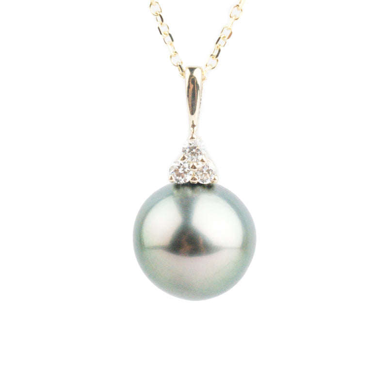 Light Blue Green Tahitian Pearl & Diamond Toru Necklace on 14K Yellow Gold