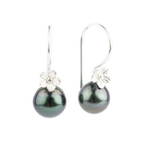 Indigo Purple Tahitian Pearl Hibiscus Hook Earrings