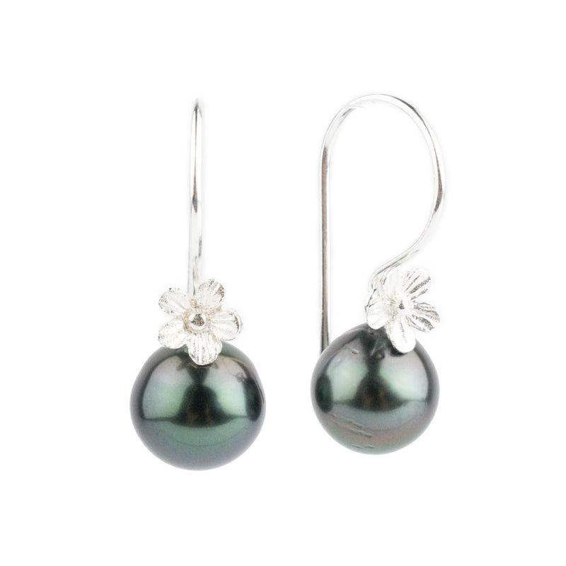 Indigo Purple Tahitian Pearl Hibiscus Hook Earrings
