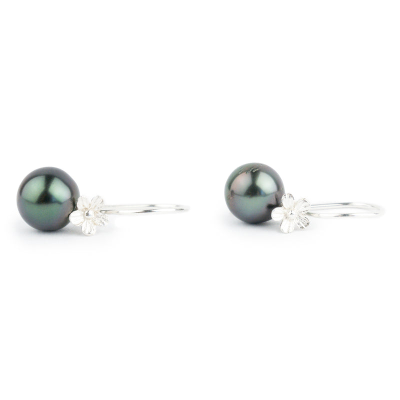 Indigo Purple Tahitian Pearl Hibiscus Hook Earrings