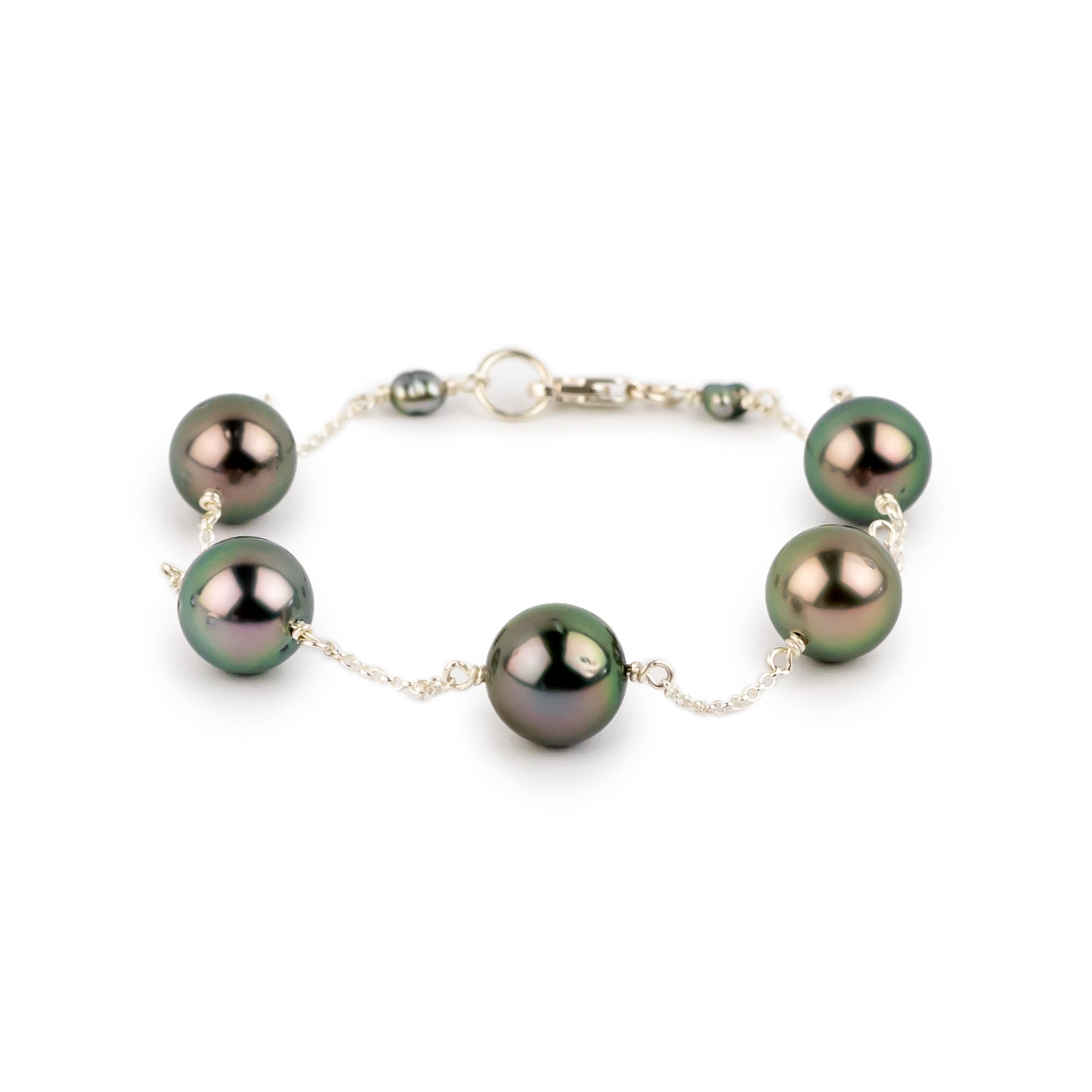 Dazzling Greens Tahitian Pearl Tin Cup Bracelet on Sterling Silver