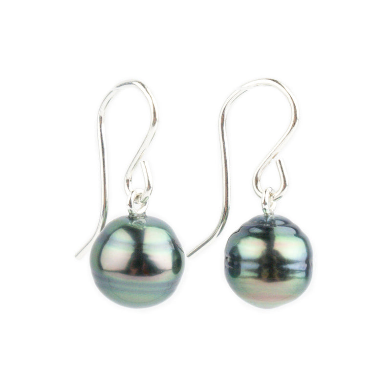 Indigo Green Circled Tahitian Pearl Dangles on Sterling Silver