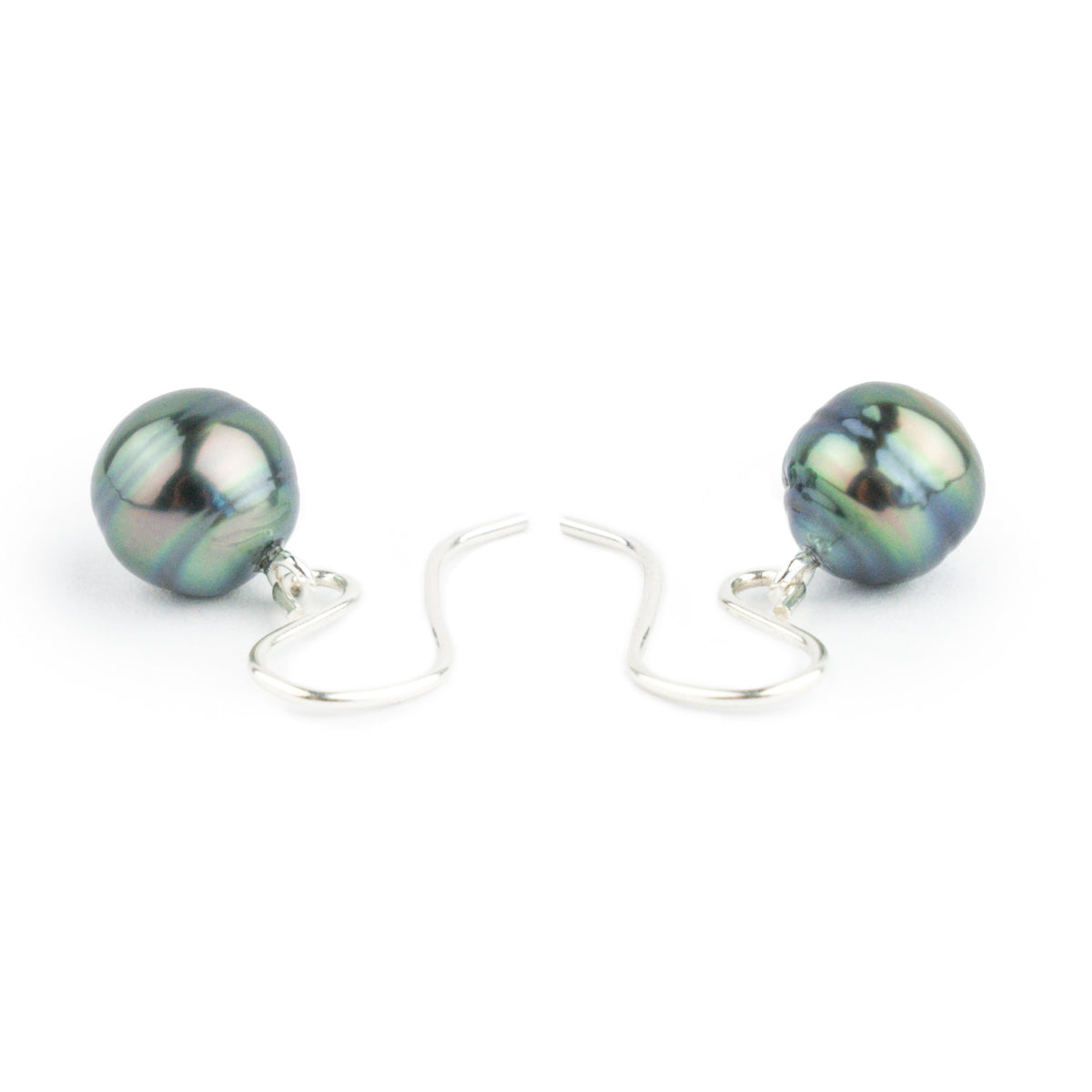 Indigo Green Circled Tahitian Pearl Dangles on Sterling Silver