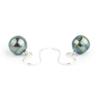 Indigo Green Circled Tahitian Pearl Dangles on Sterling Silver