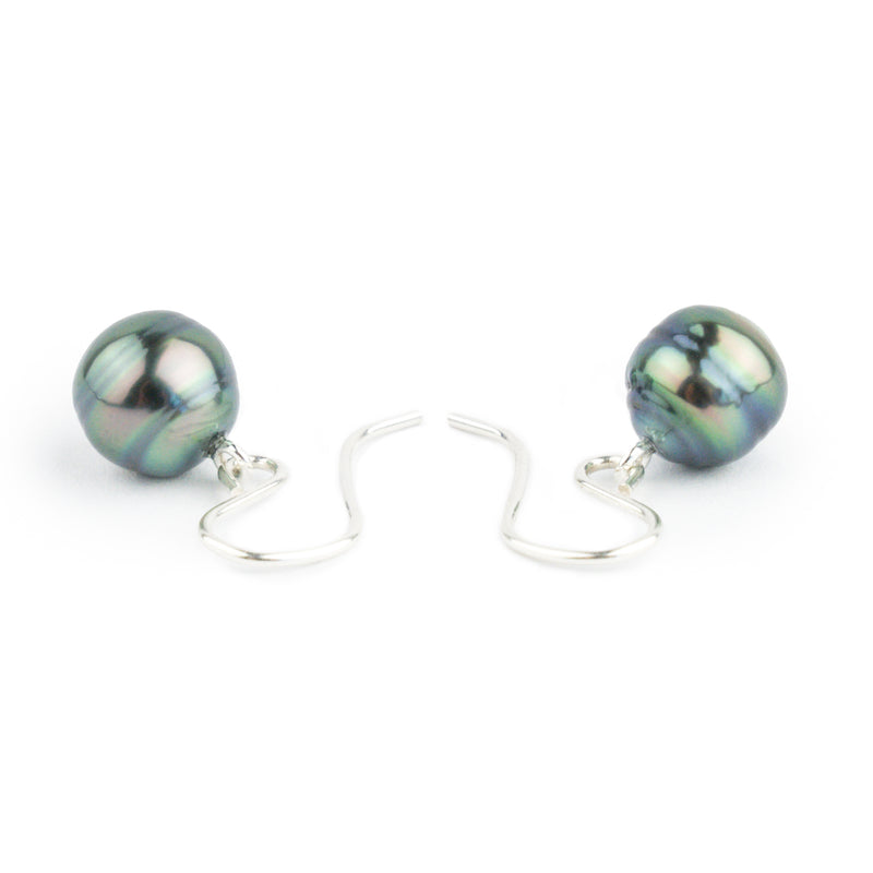 Indigo Green Circled Tahitian Pearl Dangles on Sterling Silver