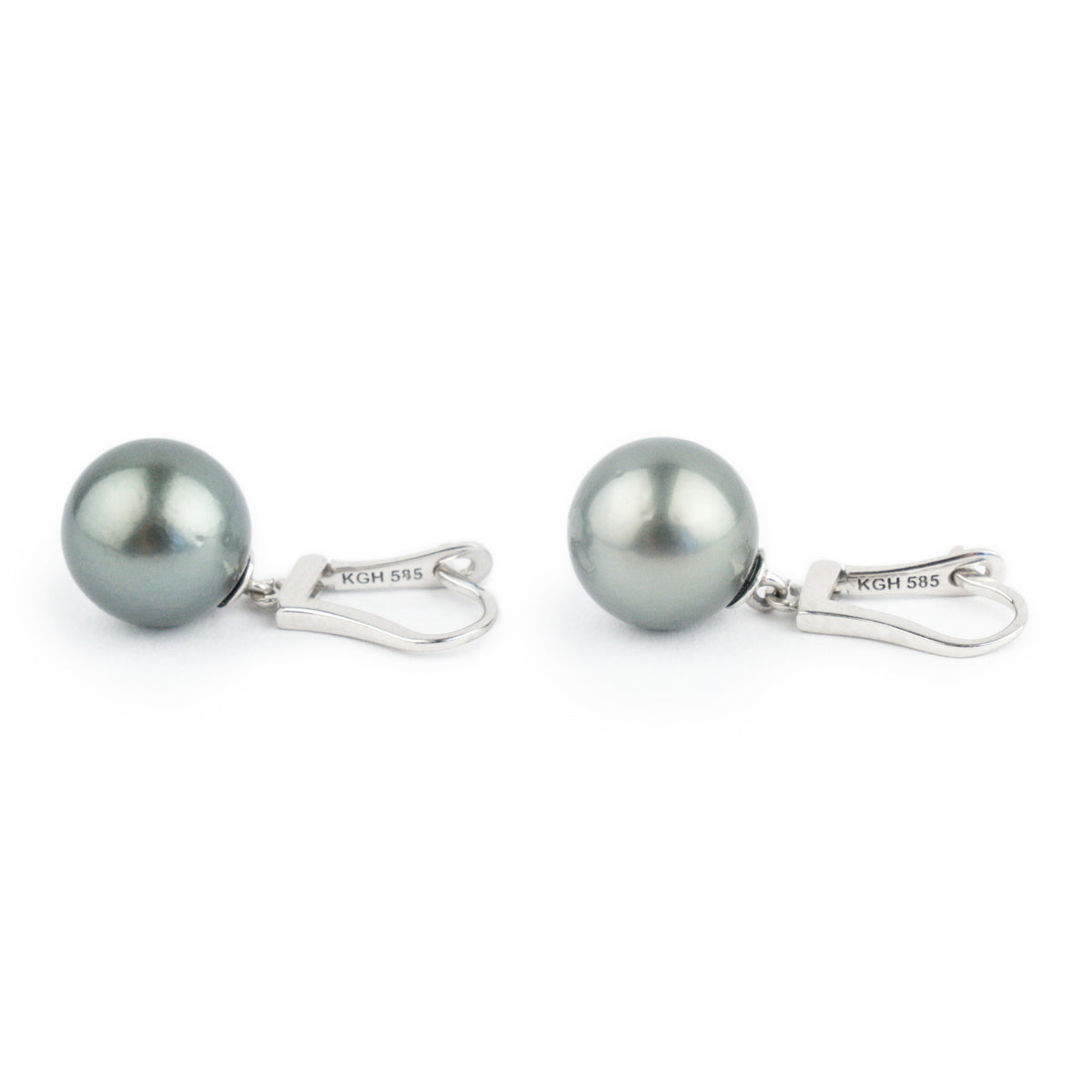 Dark Silvery Blue 10.5mm Tahitian Pearl Lever Back Earrings on 14K White Gold