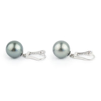 Dark Silvery Blue 10.5mm Tahitian Pearl Lever Back Earrings on 14K White Gold