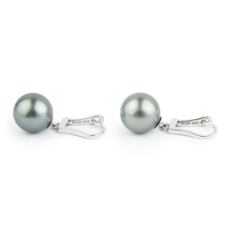 Dark Silvery Blue 10.5mm Tahitian Pearl Lever Back Earrings on 14K White Gold