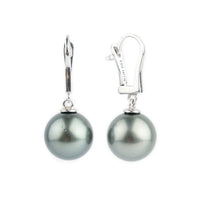 Dark Silvery Blue 10.5mm Tahitian Pearl Lever Back Earrings on 14K White Gold