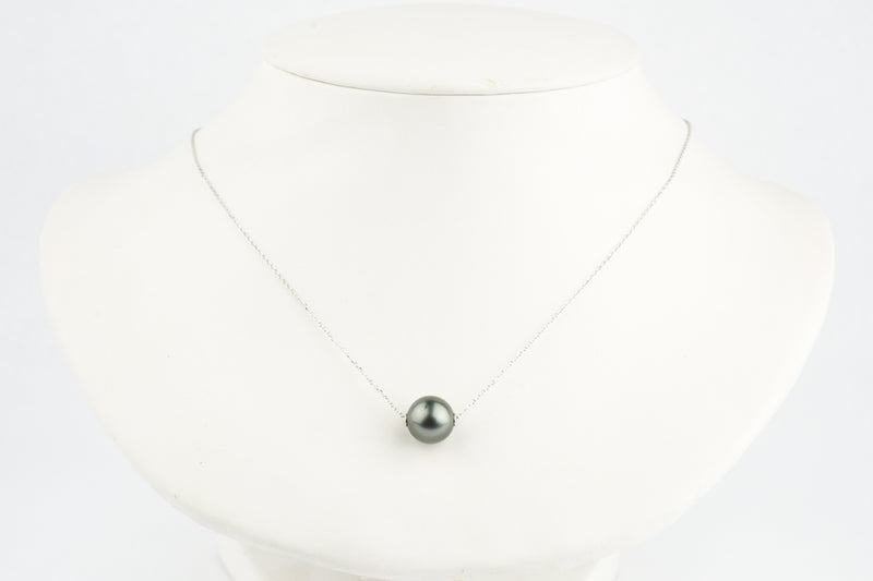 Dark Silvery 10.5mm Tahitian Pearl Solitaire Necklace on 14K White Gold