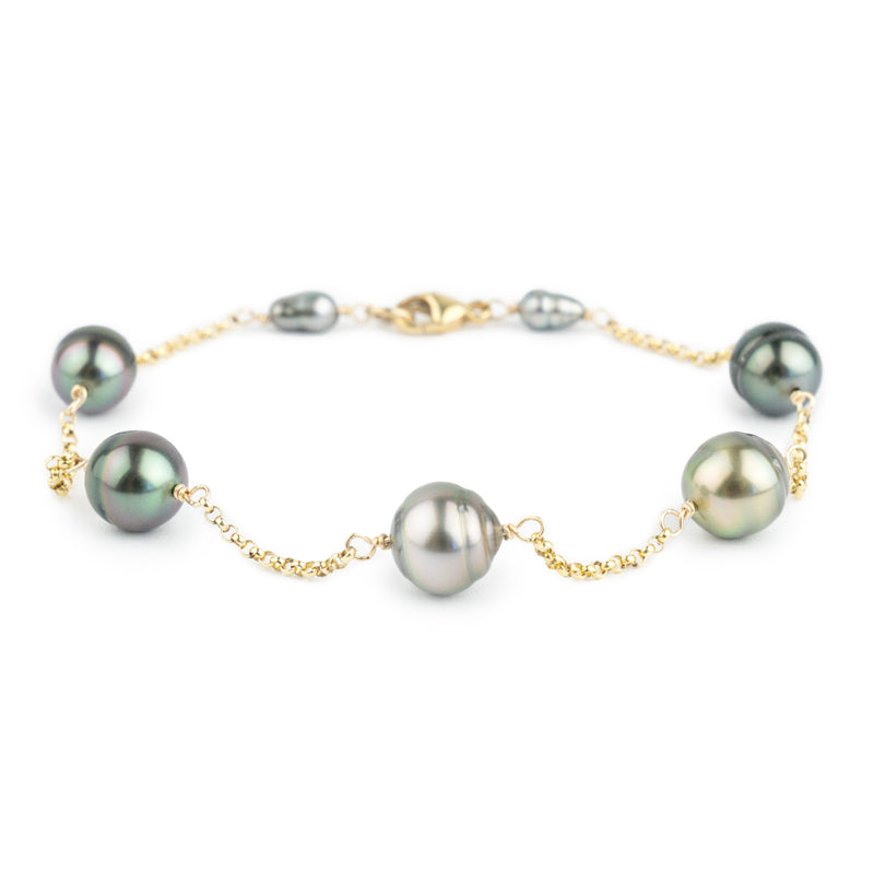 Pink Green Tin-Cup Tahitian Pearl Bracelet on 14/20 Gold Filled