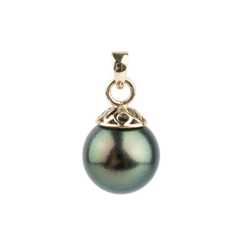 Dark Marbled Peacock 10mm Tahitian Pearl Filigree Pendant