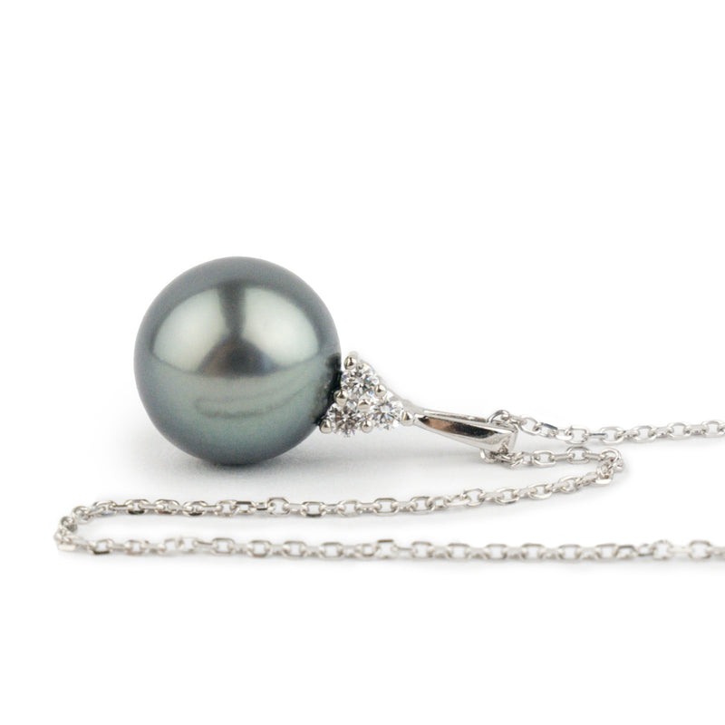 Blue Green Tahitian Pearl & Diamond Toru Necklace on 14K White Gold