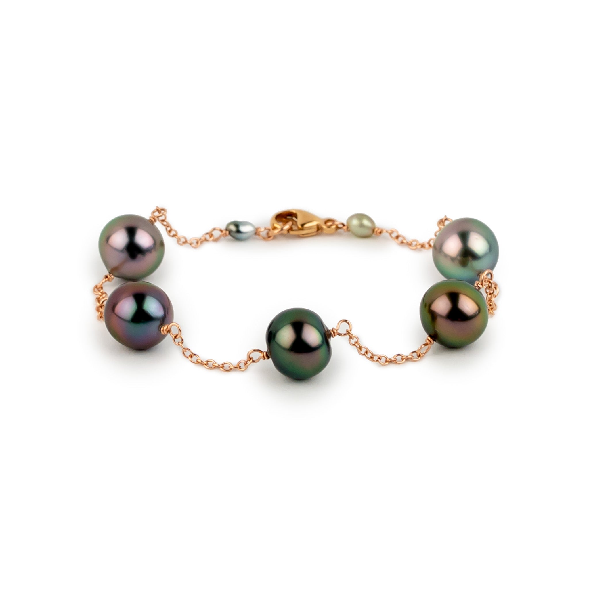 Electric Flash Tahitian Pearl Tin Cup Bracelet on 14k Rose Gold