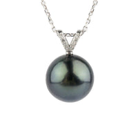 Deep Indigo Green Tahitian Pearl & Diamond Hoa Necklace on 14K White Gold