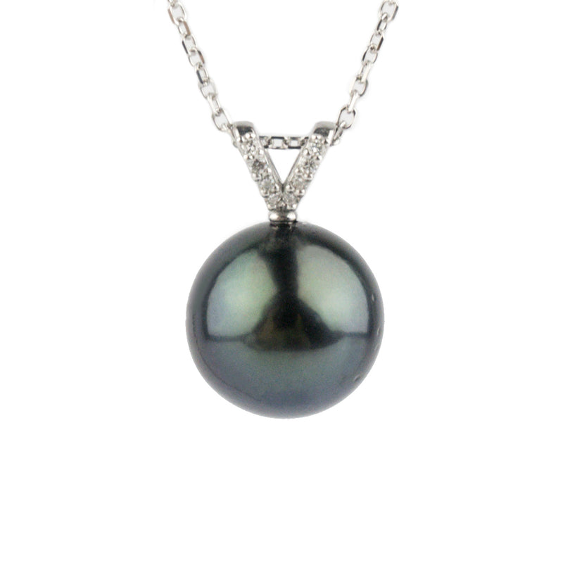 Deep Indigo Green Tahitian Pearl & Diamond Hoa Necklace on 14K White Gold