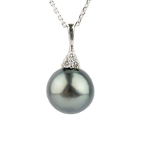 Blue Green Tahitian Pearl & Diamond Toru Necklace on 14K White Gold