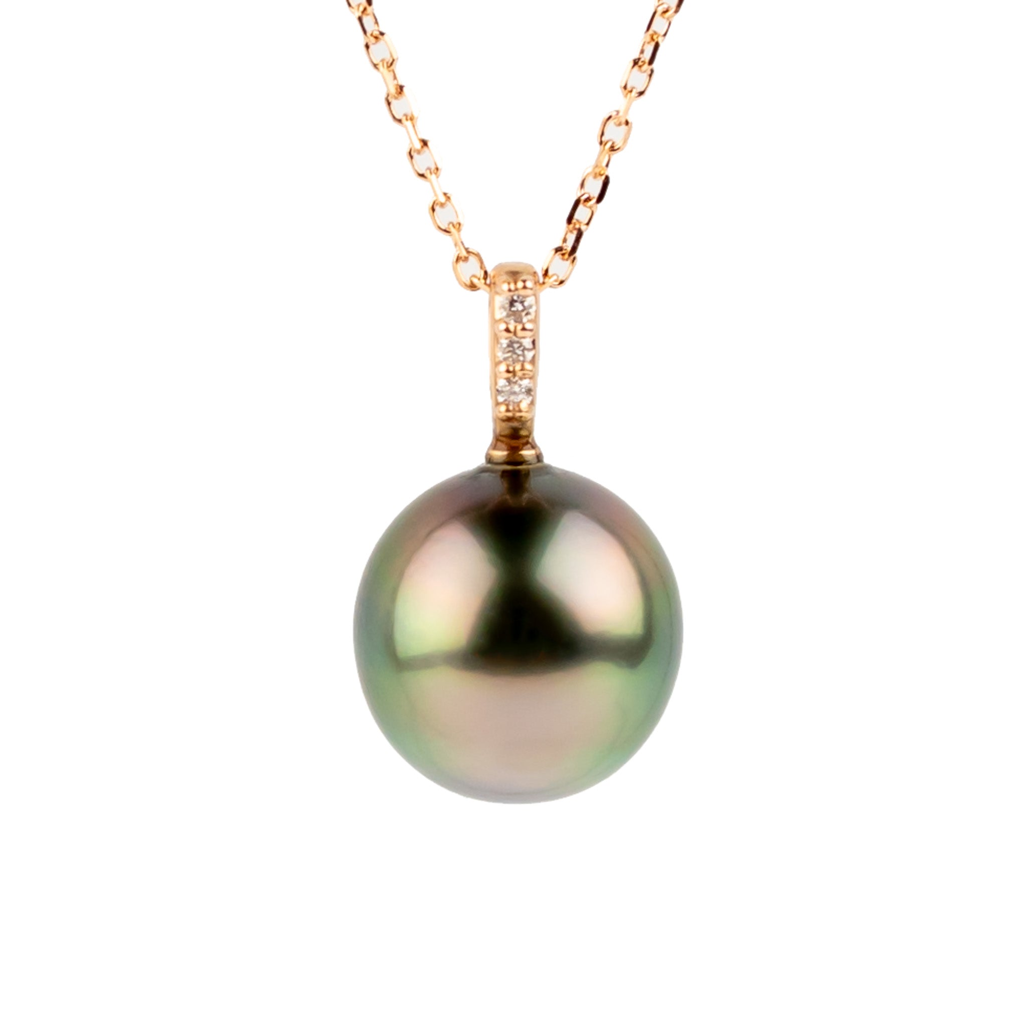 Flashy Pink Green Tahitian Pearl & Diamond Éclat Necklace on 14KRG