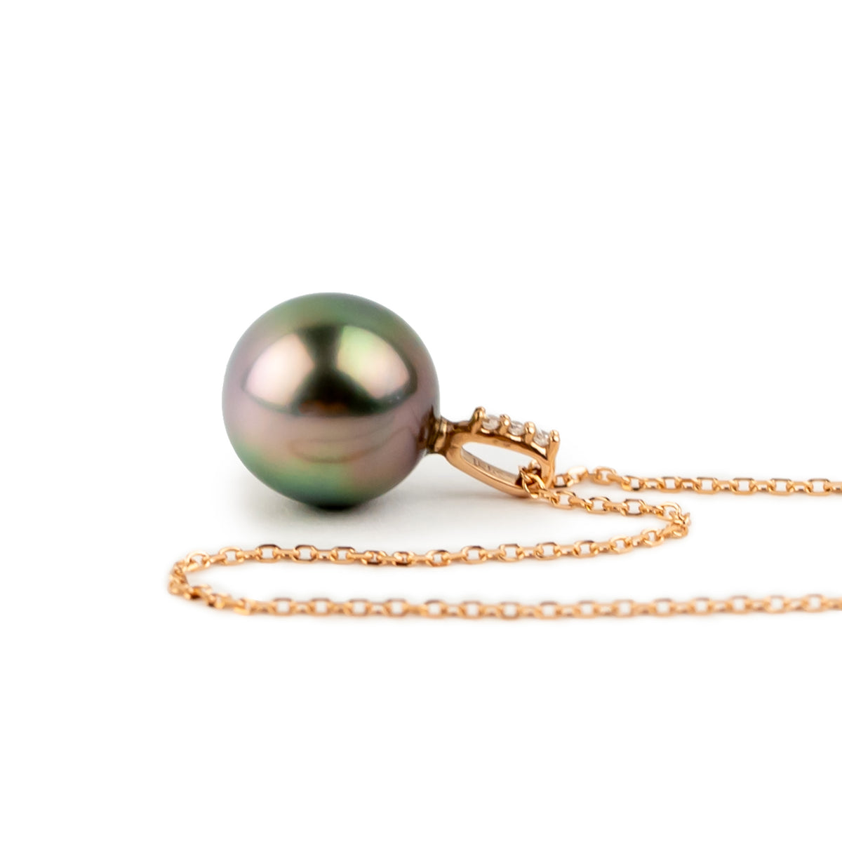 Flashy Pink Green Tahitian Pearl & Diamond Éclat Necklace on 14KRG