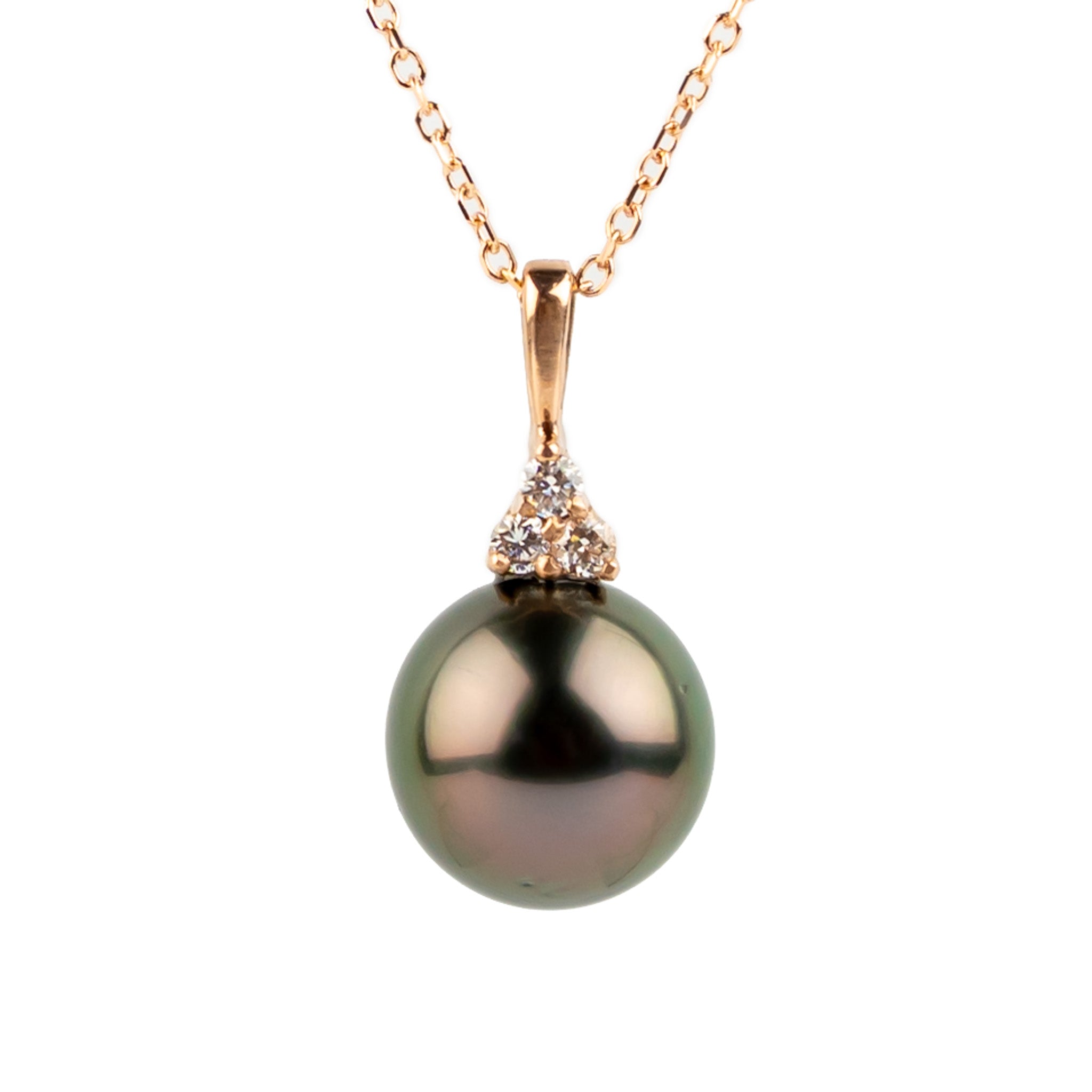 Aubergine Green Tahitian Pearl & Diamond Toru Necklace on 14K Rose Gold