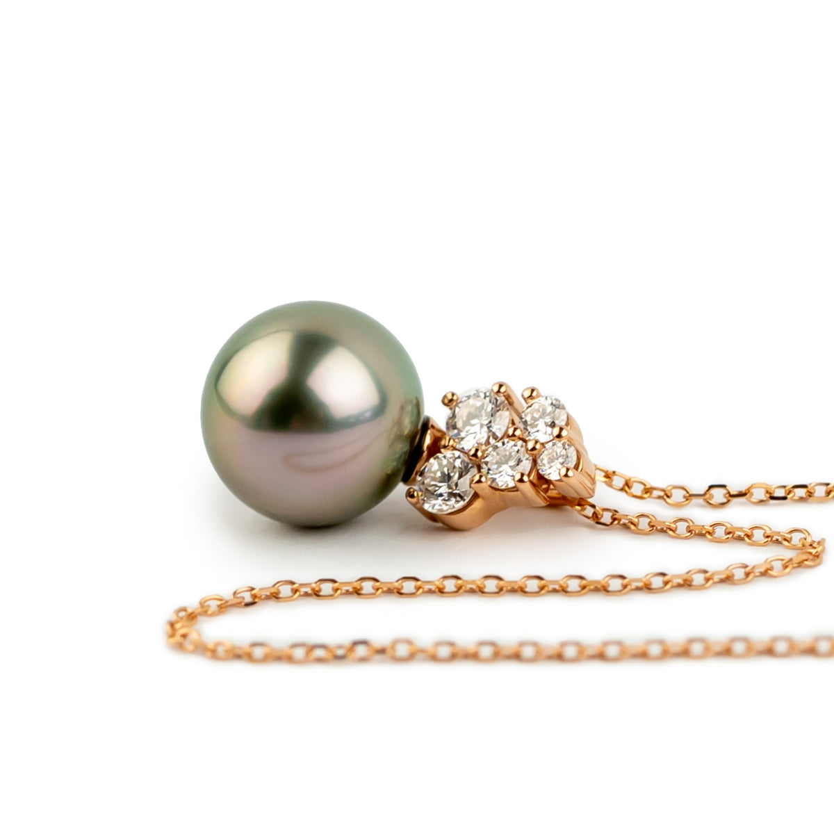 Light Pink Green Tahitian Pearl & Diamond Asteria Necklace on 14K Rose Gold