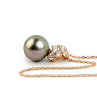 Light Pink Green Tahitian Pearl & Diamond Asteria Necklace on 14K Rose Gold