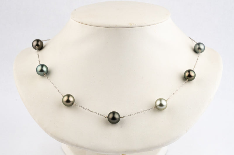 Blue-Bronze Tahitian Pearl Tin-Cup Necklace on 14k White Gold