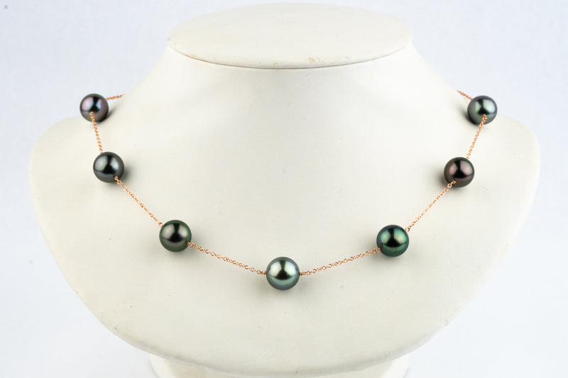 Flashy Purple Green Tahitian Pearl Tin-Cup Necklace on 14k Rose Gold