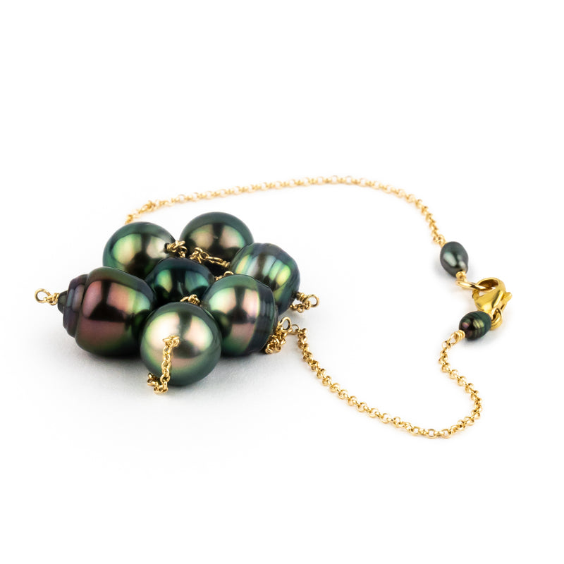 Peacock Green Circled Tin-Cup Tahitian Pearl Necklace on Gold Filled