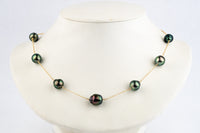 Peacock Green Circled Tin-Cup Tahitian Pearl Necklace on Gold Filled