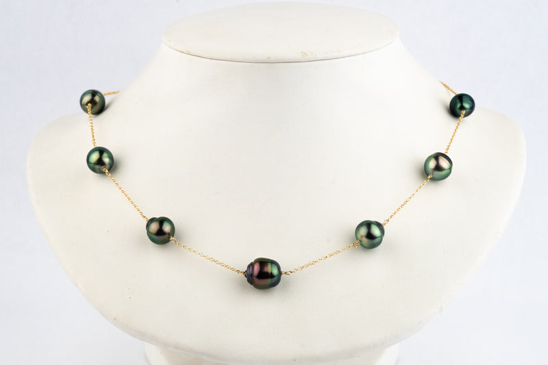 Peacock Green Circled Tin-Cup Tahitian Pearl Necklace on Gold Filled