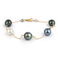 Blue Green Circled Tin-Cup Tahitian Pearl Bracelet on Gold Filled