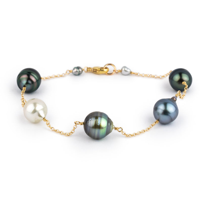 Blue Green Circled Tin-Cup Tahitian Pearl Bracelet on Gold Filled
