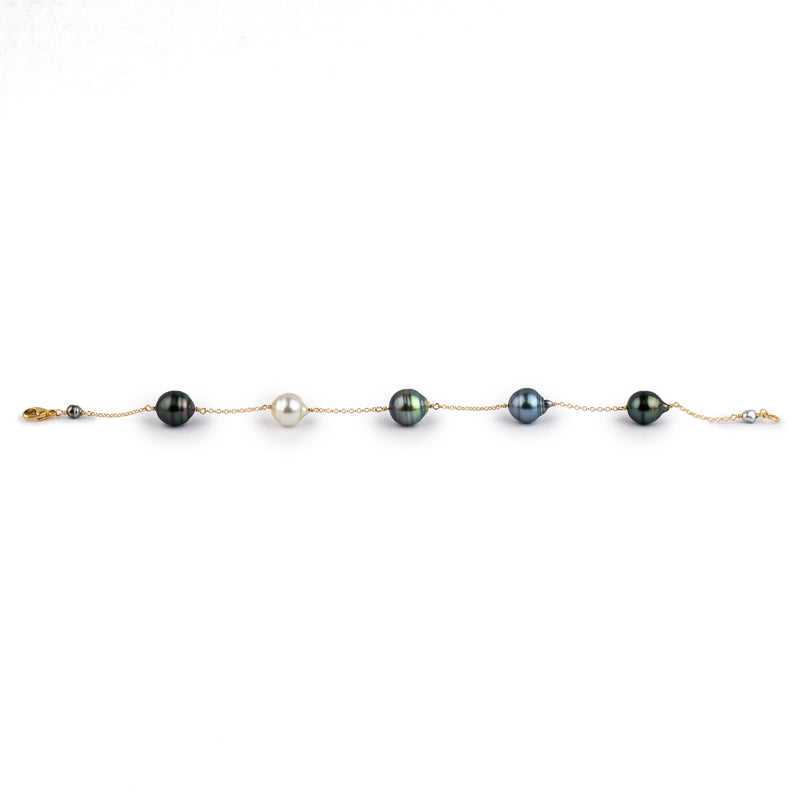 Blue Green Circled Tin-Cup Tahitian Pearl Bracelet on Gold Filled