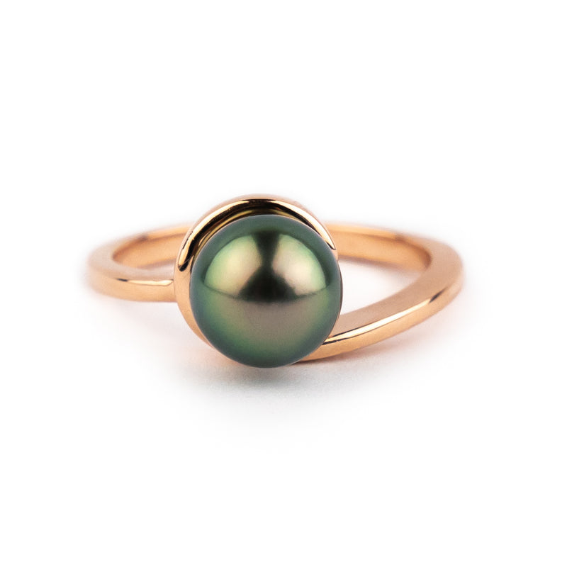Peacock Green 7.8mm Tahitian Pearl Swirl Ring on 14k Rose Gold