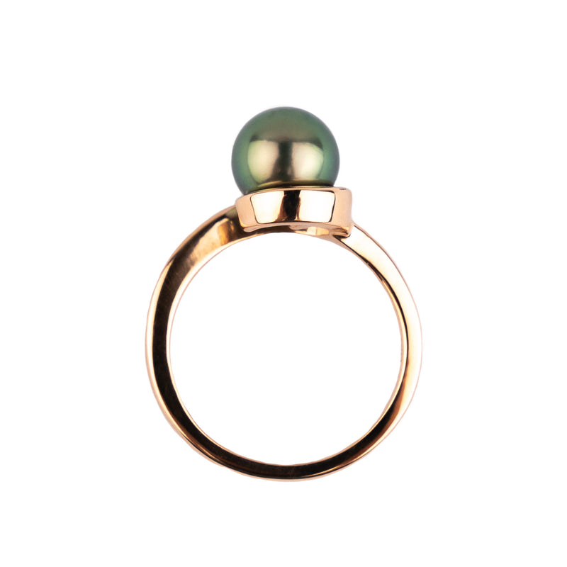 Peacock Green 7.8mm Tahitian Pearl Swirl Ring on 14k Rose Gold
