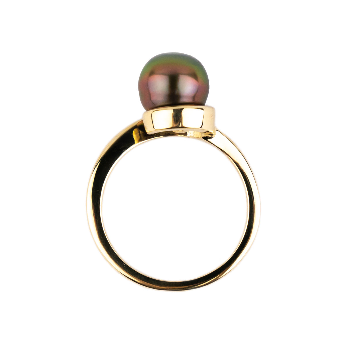 Coppery Aubergine Green 8.2mm Tahitian Pearl Swirl Ring on 14k Yellow Gold