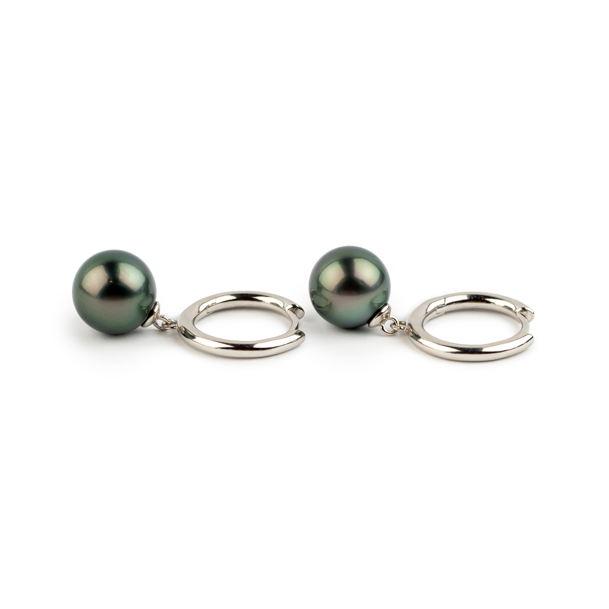 Stormy Plum Green 10mm Tahitian Pearl Hoop Earrings on Sterling Silver