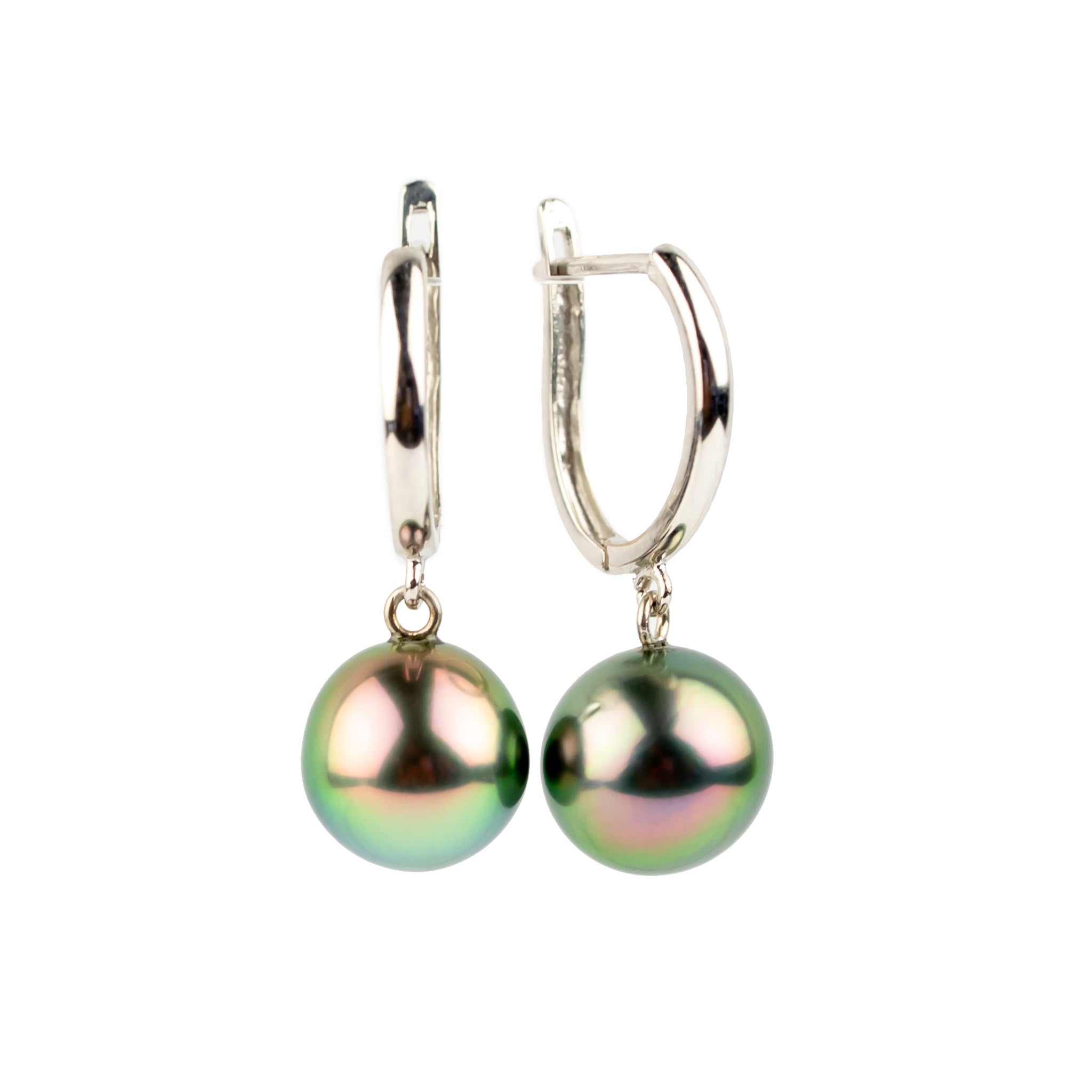 Electric Pink Peacock 8.6mm Tahitian Pearl U-Hoop Earrings on 14K White Gold