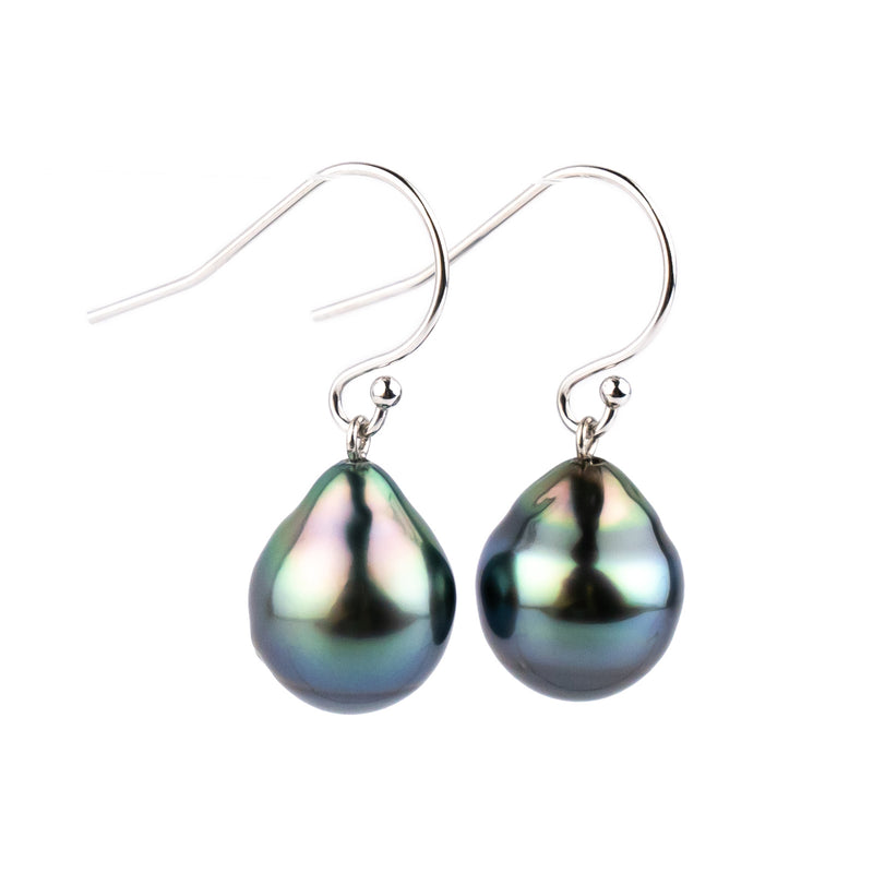 Flashy Indigo Rainbow Drop Tahitian Pearl Dangle Earrings on 14K White Gold