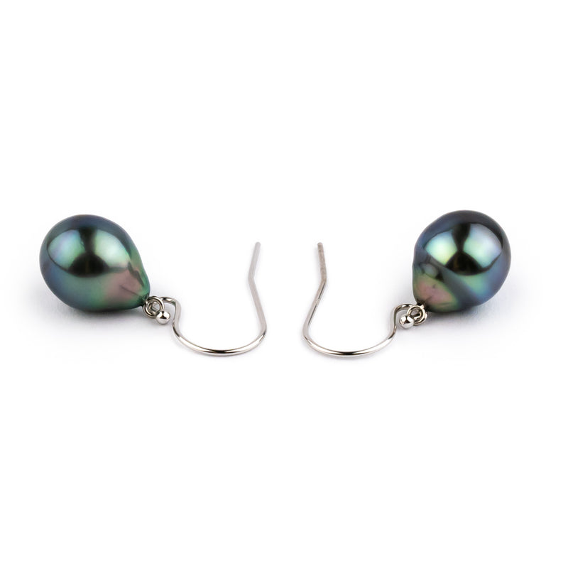 Flashy Indigo Rainbow Drop Tahitian Pearl Dangle Earrings on 14K White Gold