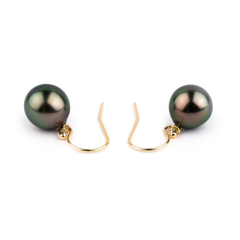 Aubergine Peacock Drop Tahitian Pearl Dangle Earrings on 14K Yellow Gold