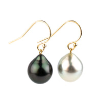 Black & White Drop Tahitian Pearl Dangle Earrings on 14K Yellow Gold